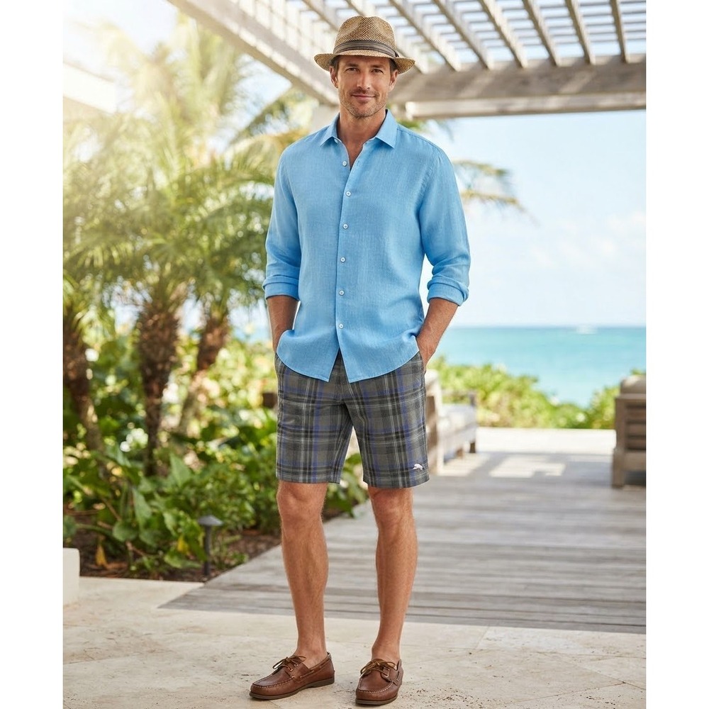 Tommy Bahama Men Gray Blue Plaid Performance Shorts Size 33 NWT